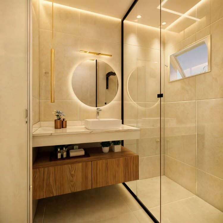 Banheiro contemporâneo com design clean e detalhes elegantes.