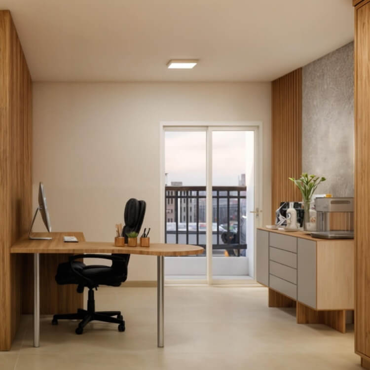 Escritório compartilhado moderno e funcional, com espaço aberto.